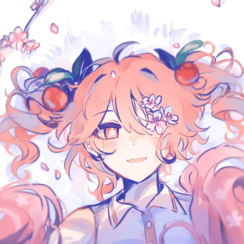 1girl, :d, antenna_hair, bare_shoulders, blush, bright_pupils, buttons, cherry_hair_ornament