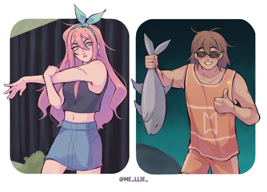 1boy, 1girl, :d, \||/, ahoge, animal, aqua_eyes, aqua_hairband, aubrey_(faraway)_(omori), aubrey_(omori), bare_legs, bare_shoulders, black-framed_eyewear, black_shirt, blue_skirt, border, bow_hairband, breasts, brown_hair, buttons, clenched_teeth, collarbone, commentary, cowboy_shot, crop_top, cropped_shirt, dark-skinned_male, dark_skin, denim, denim_skirt, double-parted_bangs, english_commentary, facing_viewer, fish, grin, hair_behind_ear, hair_between_eyes, hairband, hand_up, highres, holding, holding_animal, holding_fish, kel_(faraway)_(omori), kel_(omori), long_hair, looking_at_poses_to_draw_and_(meme), looking_at_viewer, medium_hair, mel_(melmellie), meme, midriff, miniskirt, navel, omori, orange_shorts, orange_tank_top, outside_border, outstretched_arm, pink_hair, shirt, shorts, sidelocks, skirt, sleeveless, sleeveless_shirt, small_breasts, smile, standing, sunglasses, tank_top, teeth, thumbs_up, twitter_username, uneven_eyes, v-shaped_eyebrows, very_long_hair, white_border