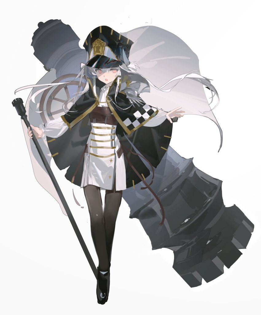 1girl, 9472, :o, black_cape, black_hat, board_game, cane, cannon