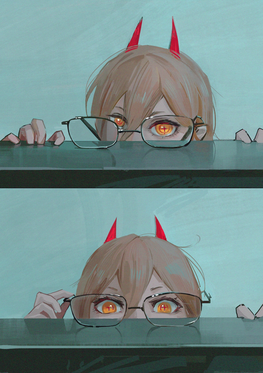 1girl, absurdres, blonde_hair, chainsaw_man, chinese_commentary, commentary_request, cross-shaped_pupils, demon_horns, eyelashes, glasses, hair_between_eyes, highres, horns, limit932, long_hair, looking_at_viewer, power_(chainsaw_man), red_horns, solo, symbol-shaped_pupils, unworn_eyewear, yellow_eyes