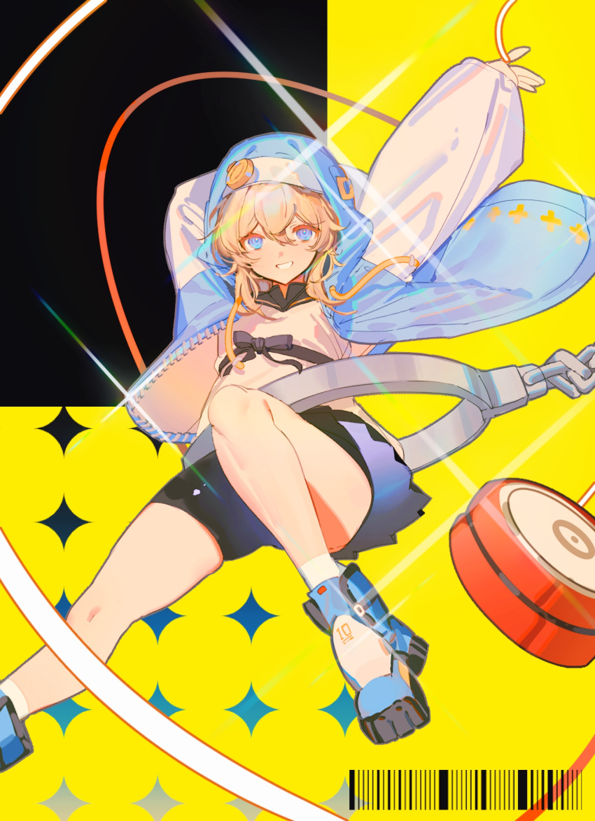 9472, :d, arm_behind_head, arm_up, barcode, bike_shorts, black_background, black_shorts, blonde_hair, blue_eyes, blue_jacket, bridget_(guilty_gear), guilty_gear, guilty_gear_strive, highres, hood, hood_up, hooded_jacket, hoodie, jacket, knee_up, long_sleeves, looking_at_viewer, male_focus, open_clothes, open_hoodie, shirt, shorts, simple_background, smile, solo, thighs, trap, white_mouth, white_shirt, yellow_background, yo-yo