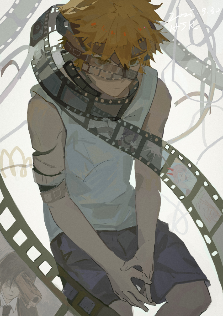 2boys, 2girls, absurdres, black_eyes, blue_shorts, chainsaw_man, closed_mouth, denji_(chainsaw_man), film_strip, gun_devil_(chainsaw_man), hayakawa_aki, highres, invisible_floor, limit932, male_focus, multiple_boys, multiple_girls, orange_hair, pochita_(chainsaw_man), power_(chainsaw_man), reze_(chainsaw_man), short_hair, shorts, sitting, solo_focus, tank_top, white_tank_top