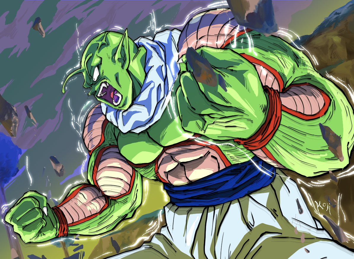 1boy, alien, antennae, artist_name, aura, bald, blue_sash, clenched_hand