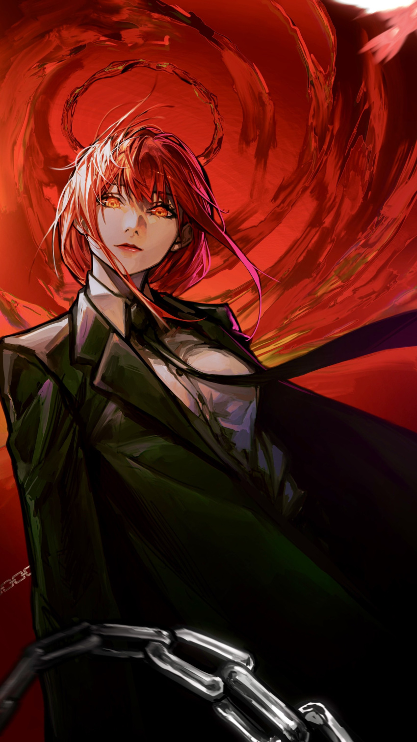 1girl, absurdres, black_coat, black_necktie, chain, chainsaw_man, closed_mouth, coat, deka_yo, halo, highres, looking_at_viewer, makima_(chainsaw_man), necktie, red_background, red_hair, red_halo, red_lips, revision, ringed_eyes, shirt, solo, white_shirt, yellow_eyes