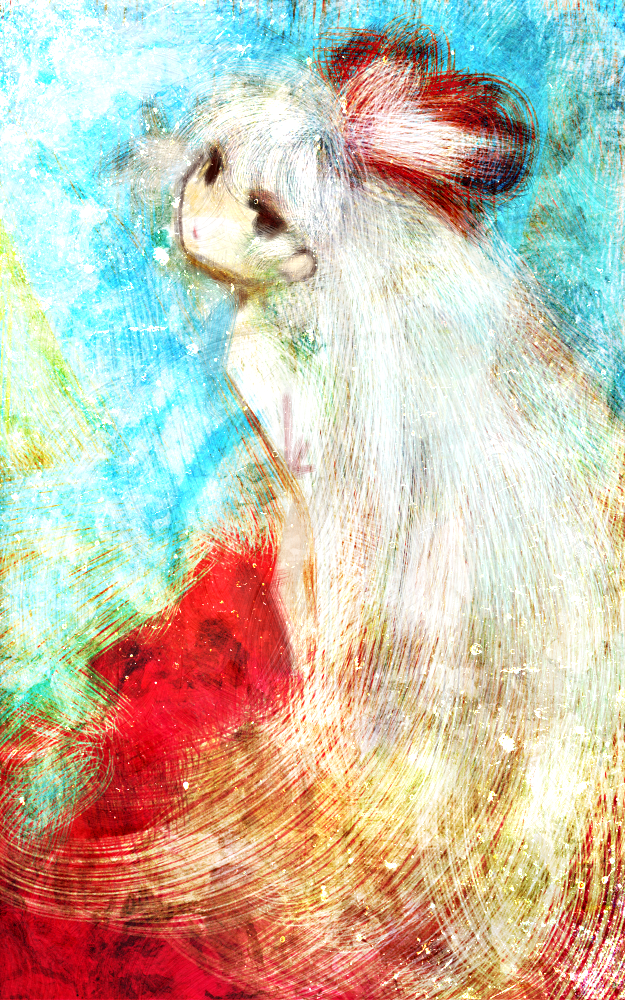 abstract, amii, black_eyes, fujiwara_no_mokou, hair_bow, long_hair, looking_back, solo