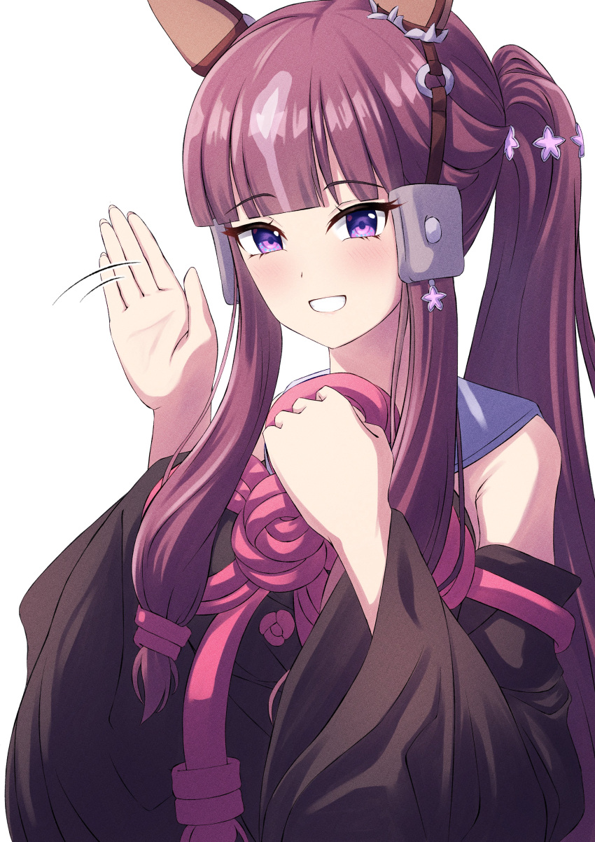 1girl, absurdres, alternate_costume, animal_ears, blunt_bangs, blush, brown_hair, detached_sleeves, grin, hair_between_eyes, hair_ornament, highres, horse_ears, looking_at_viewer, lucky_lilac_(umamusume), portrait, side_ponytail, smile, solo, sonicxeon, umamusume, violet_eyes, waving, white_background