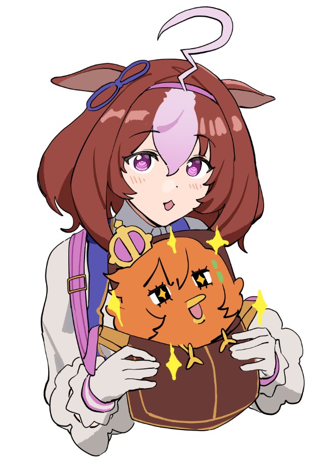 1girl, :3, ahoge, animal, animal_ears, animalization, bag, beak, bird, brown_hair, crown, ear_ribbon, ears_down, fikkyun, hair_between_eyes, hairband, horse_ears, horse_girl, long_sleeves, looking_at_viewer, medium_hair, meisho_doto_(umamusume), meme, mini_crown, multicolored_hair, open_mouth, orange_hair, pink_hairband, short_hair, simple_background, sparkle, t.m._opera_o_(umamusume), two-tone_hair, umamusume, violet_eyes, white_background, white_hair