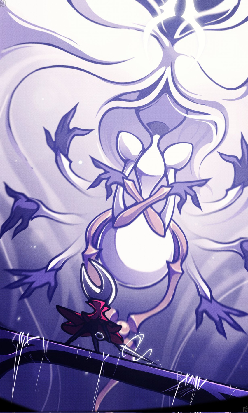 2girls, absurdly_long_hair, arthropod_girl, black_skin, boss_fight, cloak, colored_skin, facing_another, floating_hair, from_behind, giant, giantess, grand_mother_silk_(hollow_knight), highres, holding, holding_needle, holding_weapon, hollow_knight, hollow_knight:_silksong, horned_mask, hornet_(hollow_knight), long_hair, looking_at_another, mask, multiple_girls, needle, needle_(hollow_knight), no_mouth, pinrhyme, red_cloak, standing, very_long_hair, weapon, white_hair, white_mask