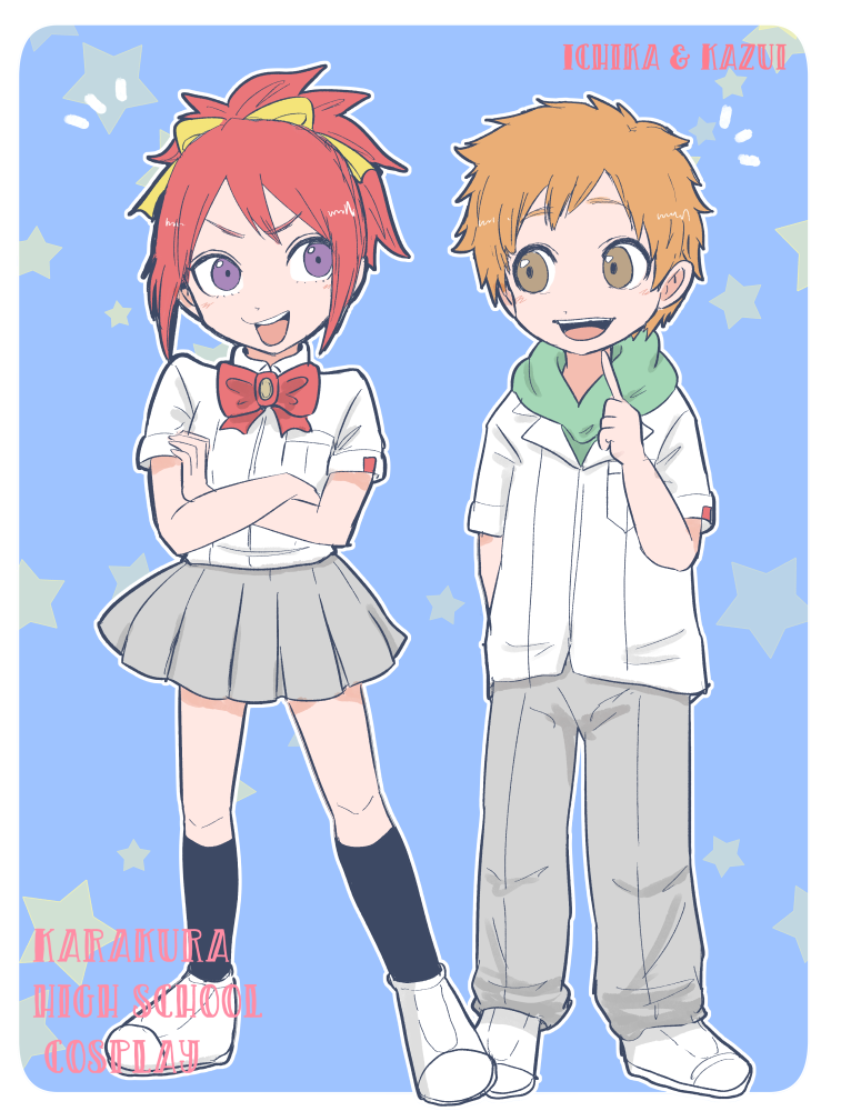 1boy, 1girl, abarai_ichika, black_socks, bleach, bleach:_epilogue, bow, bowtie