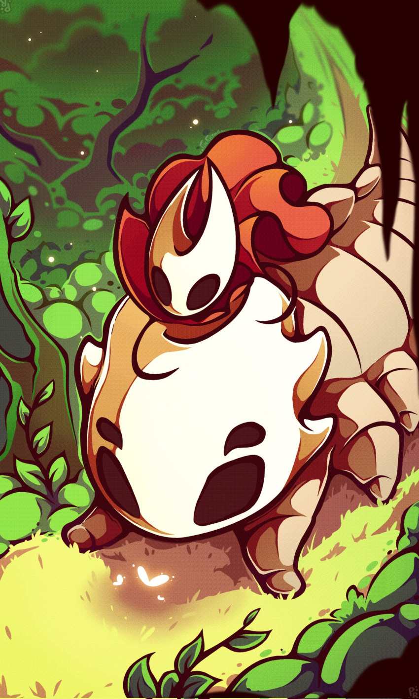 1girl, arthropod_girl, bell_beast_(hollow_knight), black_skin, bug, butterfly, cloak, colored_skin