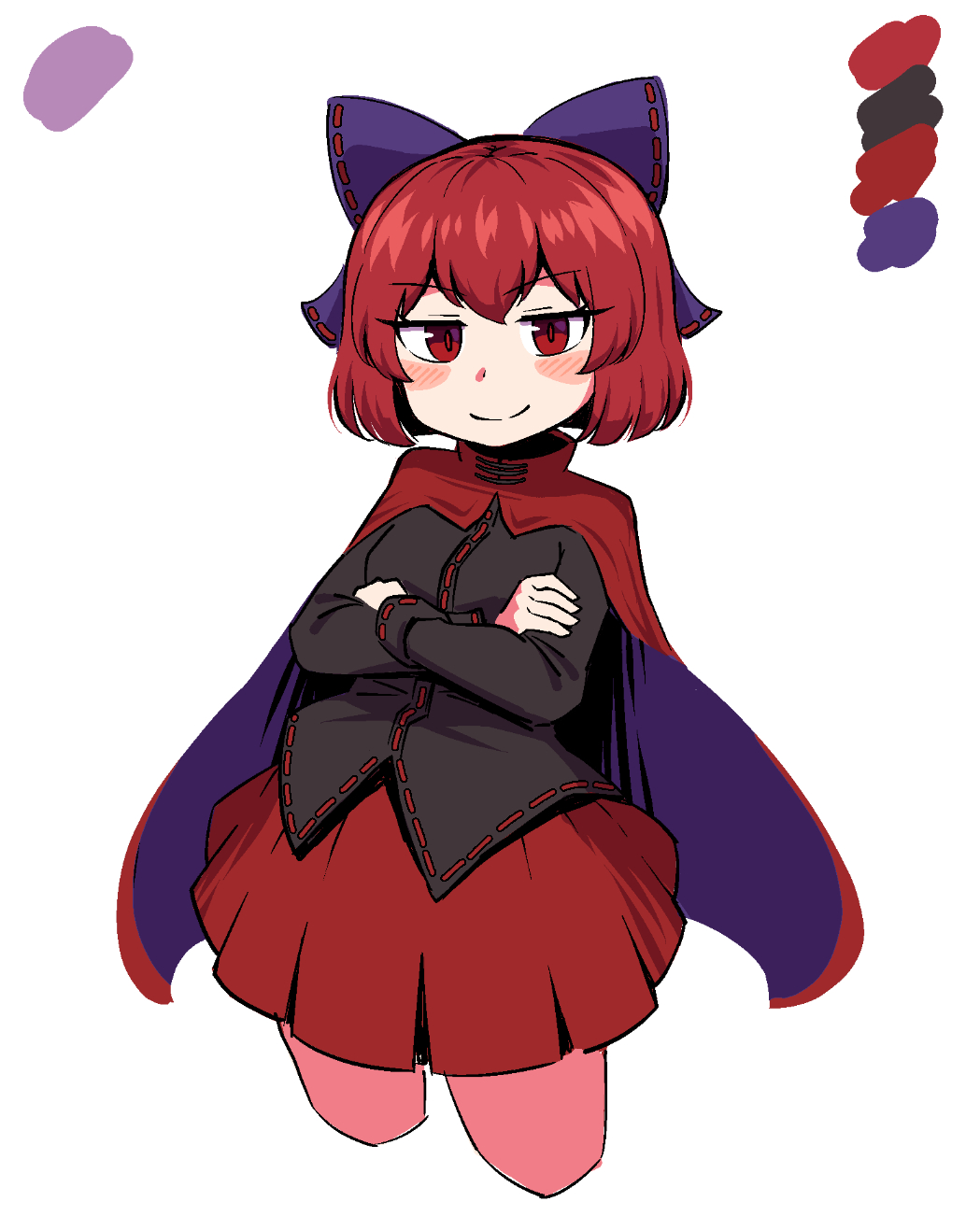 1girl, black_shirt, blush_stickers, bow, breasts, cape, cropped_legs, crossed_arms, hair_bow, highres, long_sleeves, purple_cape, red_cape, red_eyes, red_hair, red_skirt, red_trim, ribbon_trimmed_bow, ribbon_trimmed_shirt, sekibanki, shinoda404, shirt, simple_background, skirt, smile, touhou, two-sided_cape, two-sided_fabric, white_background