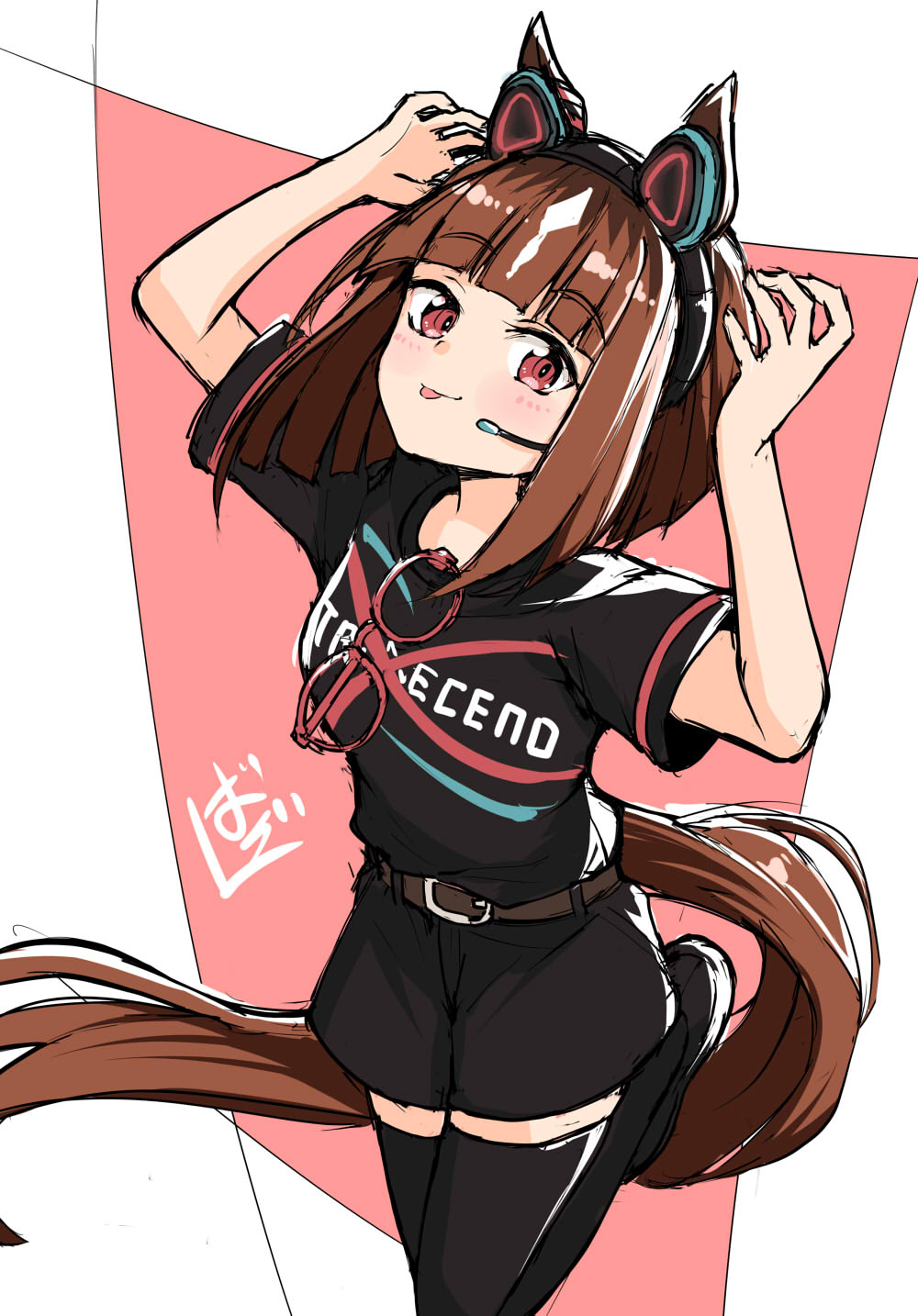 1girl, animal_ears, badge, barashiya, bob_cut, breasts, brown_hair, button_badge, ear_ornament, ear_ribbon, glasses, highres, horse_ears, horse_girl, horse_tail, inverted_bob, looking_at_viewer, red-framed_eyewear, red_eyes, short_hair, smile, solo, tail, transcend_(casual)_(umamusume), transcend_(umamusume), umamusume