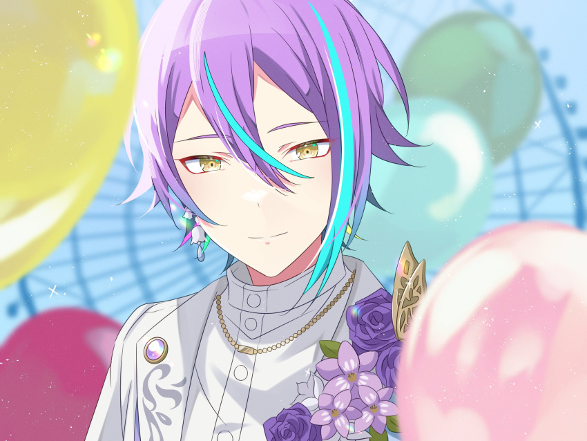 1boy, asymmetrical_sidelocks, balloon, blue_hair, blurry, blurry_background, buttons, closed_mouth