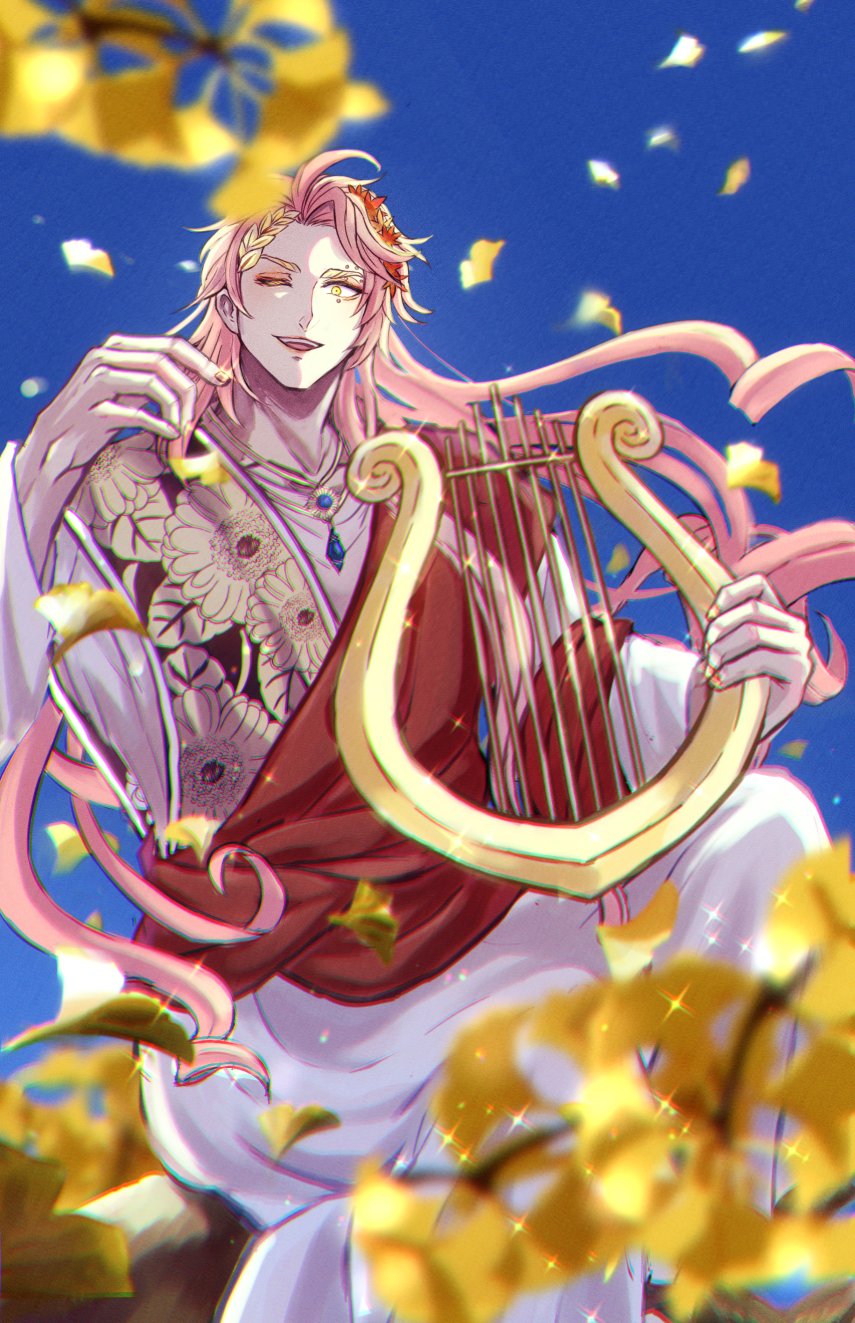 1boy, apollo_(shuumatsu_no_valkyrie), blue_background, blue_sky, commentary_request, ginkgo_leaf, highres, holding_harp