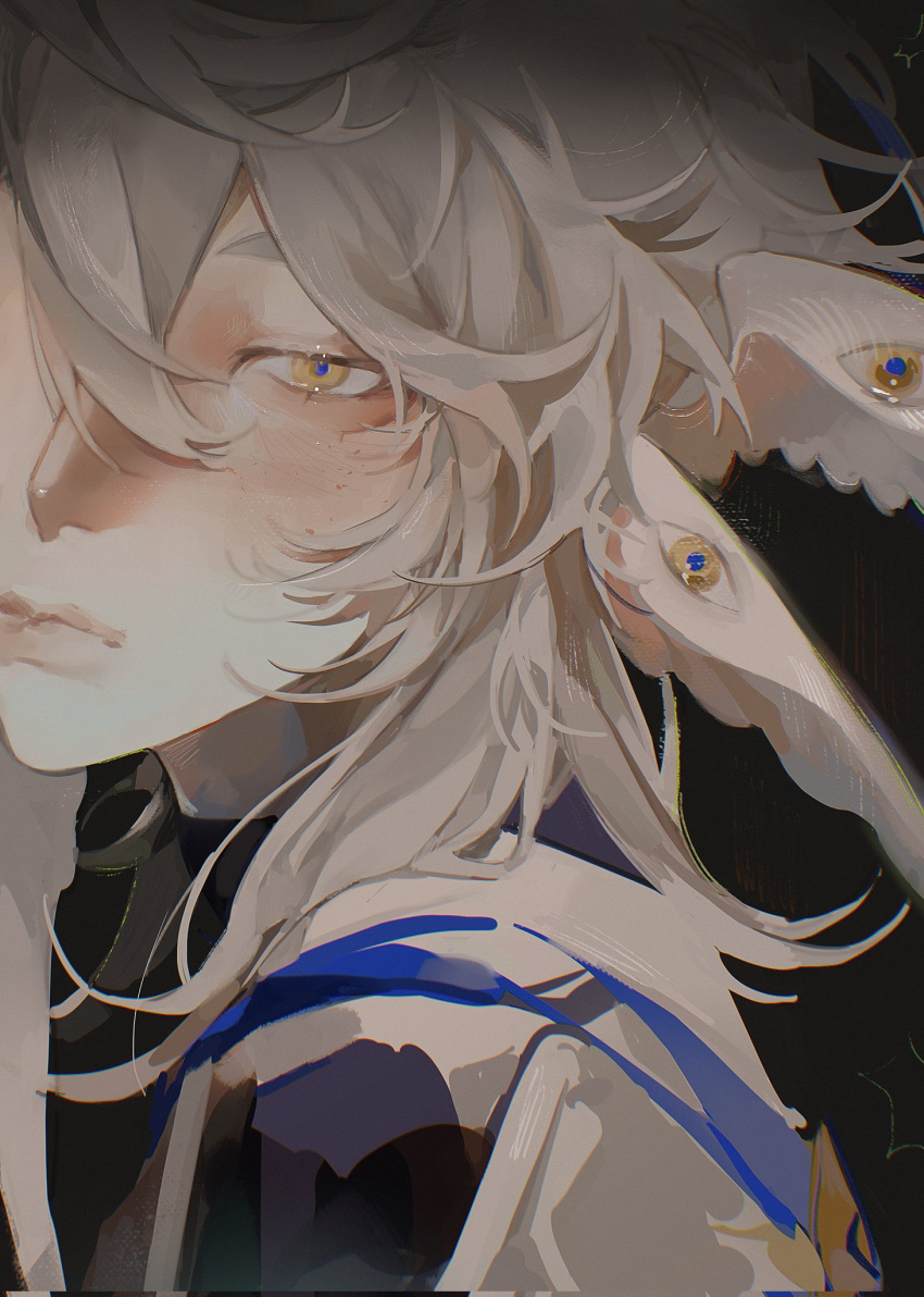 anar_9158, black_background, blush, eyes_on_wings, grey_hair, head_wings, highres, honkai:_star_rail