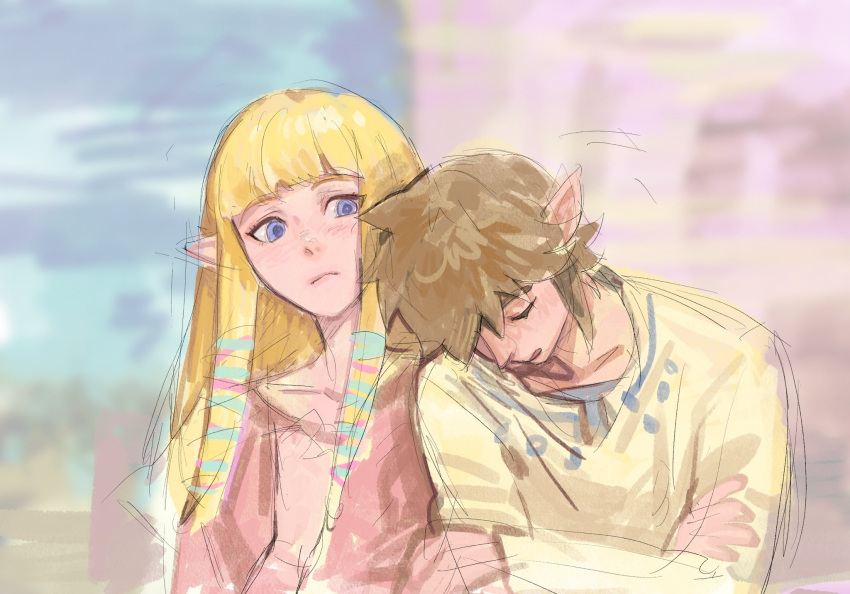 1boy, 1girl, anmoko0520, blonde_hair, blue_eyes, brown_hair, elf, highres