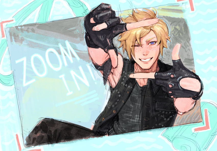 1boy, anmoko0520, black_gloves, black_pants, black_shirt, black_vest, blonde_hair, english_text
