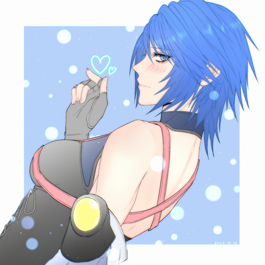 1girl, aqua_(kingdom_hearts), blue_eyes, blue_hair, closed_mouth, dated, detached_sleeves, fingerless_gloves