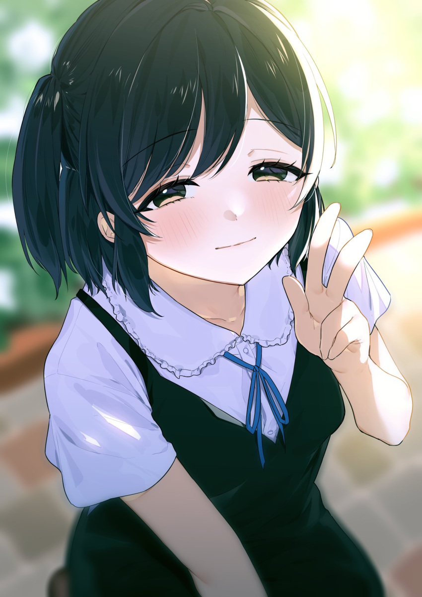 1girl, backstage!, black_dress, black_hair, blue_ribbon, blush, brown_eyes, closed_mouth