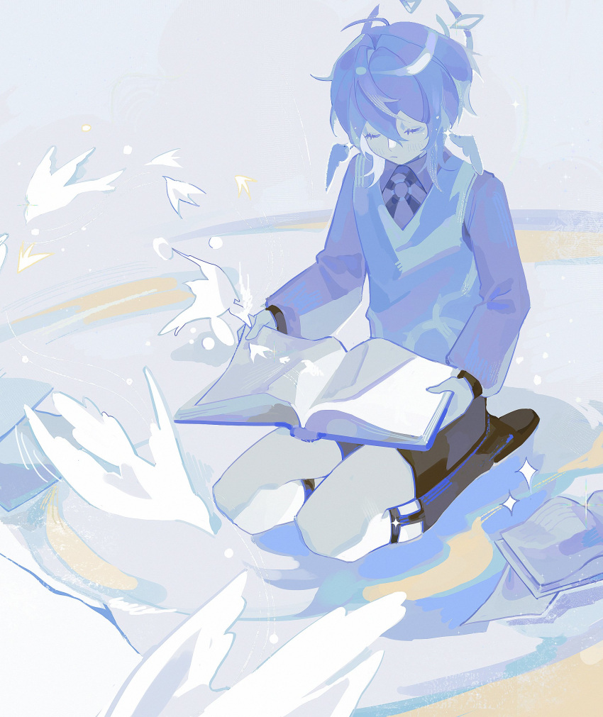 1boy, absurdres, anar_9158, bird, black_shorts, book, closed_eyes, closed_mouth, grey_hair, halo, head_wings, highres, holding, holding_book, honkai:_star_rail, honkai_(series), long_sleeves, male_focus, shorts, solo, sunday_(honkai:_star_rail), wings