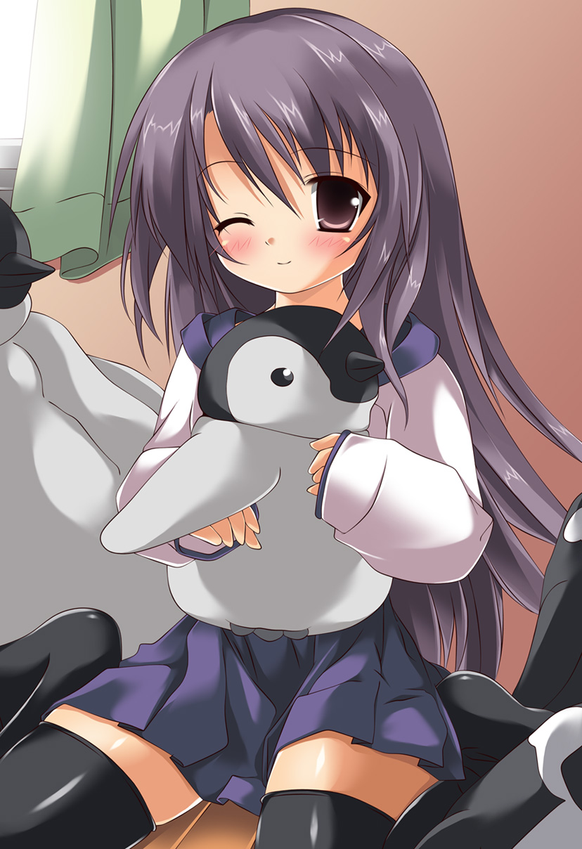bird, black_hair, black_legwear, blush, brown_eyes, curtains, grey_hair, highres, holding, indoors, long_hair, looking_at_viewer, on_floor, original, parted_bangs, penguin, pink_eyes, school_uniform, serafuku, shinya_natsuki, sitting, skirt, smile, solo, spread_legs, stuffed_toy, thigh-highs, thighhighs, very_long_hair, window, wink, zettai_ryouiki