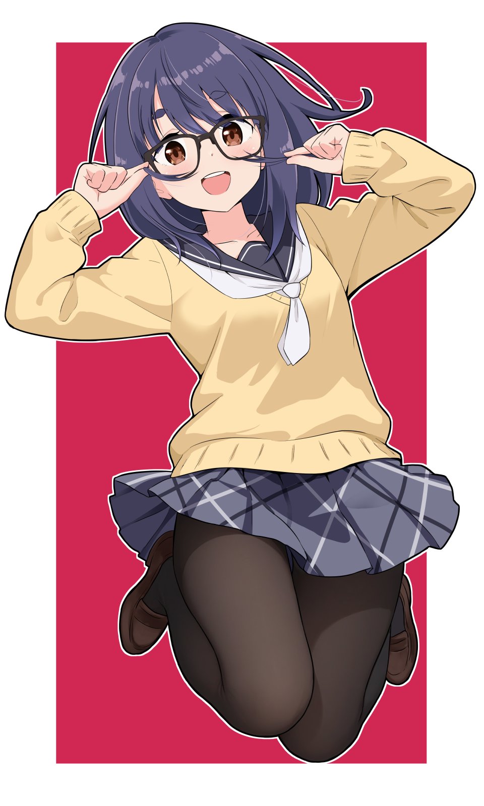 1girl, :d, azumawari_(azumofu), black-framed_eyewear, black_pantyhose, blue_hair, blue_sailor_collar, blush