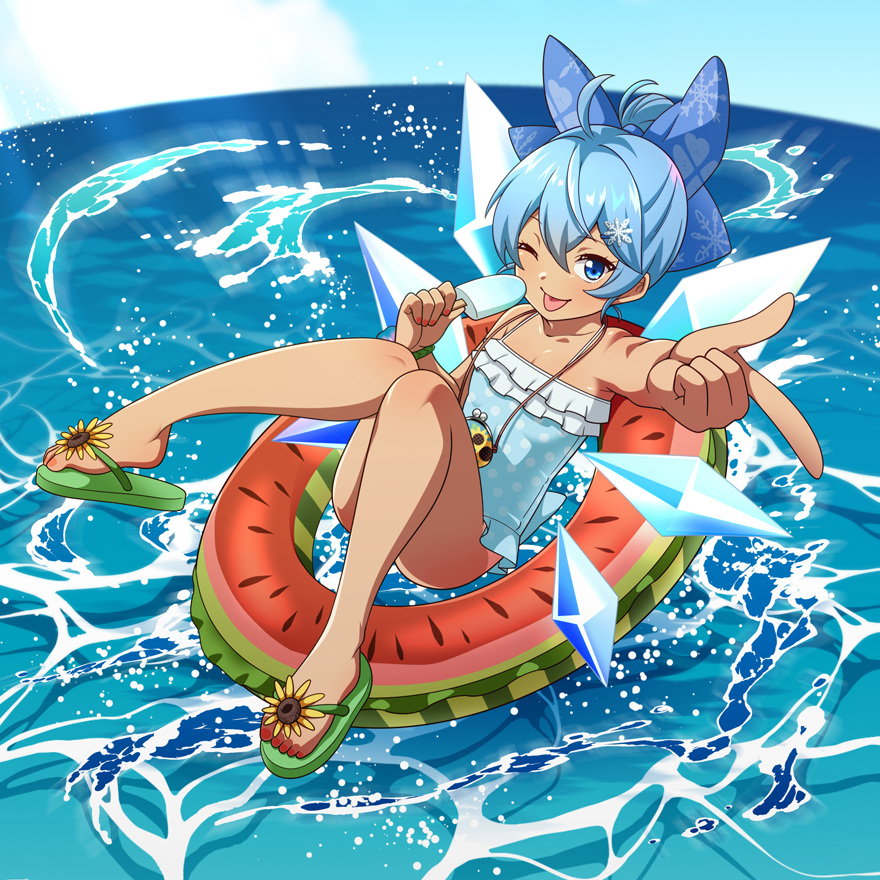 1girl, blue_one-piece_swimsuit, blue_ribbon, cirno, clover_print, coin_purse, commentary_request, flower