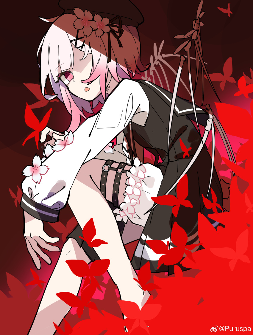 1girl, 33puruspa, absurdres, beret, black_dress, black_hat, black_ribbon, bug