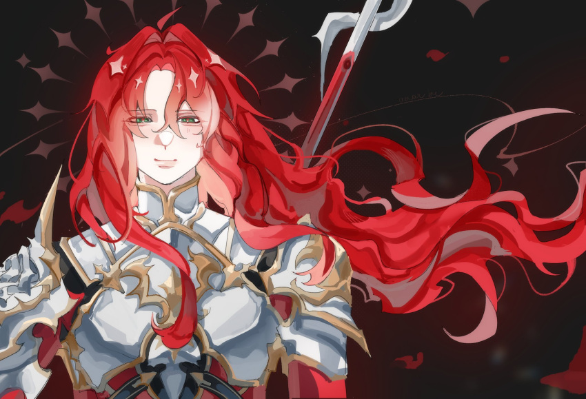 1boy, anar_9158, argenti_(honkai:_star_rail), armor, closed_mouth, green_eyes, hair_ornament, highres