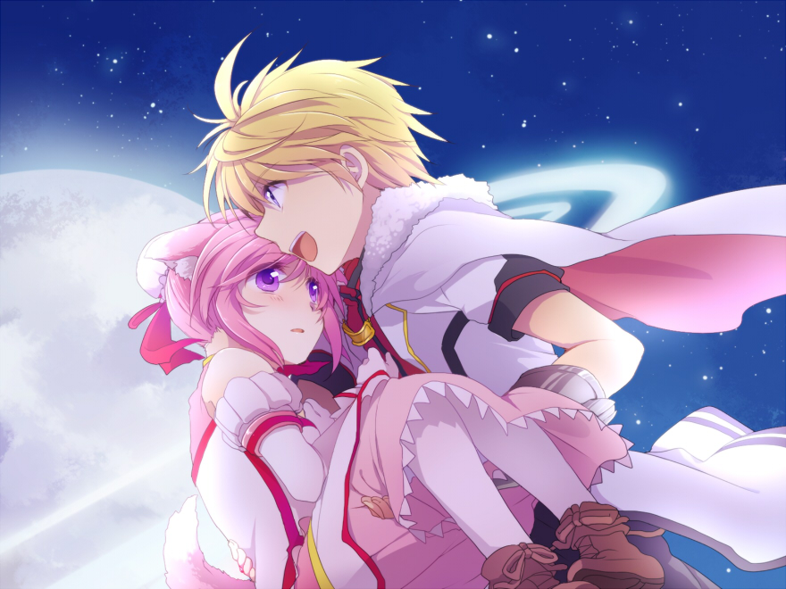 ahoge, animal_ears, blonde_hair, blue_eyes, blush, cape, carrying, couple