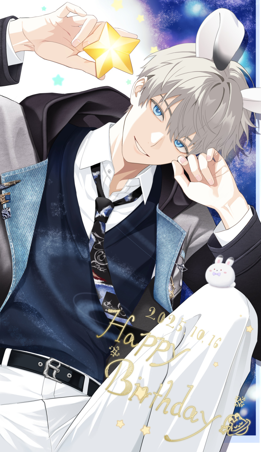 1boy, animal_ears, belt, belt_buckle, black_belt, blue_eyes, bow, bowtie, buckle, clenched_teeth, collared_shirt, commentary_request, dated, extra_ears, fingernails, grey_hair, happy_birthday, highres, jacket, knee_up, layered_clothes, long_sleeves, looking_at_viewer, love_and_deepspace, male_focus, necktie, noctelle, open_clothes, open_jacket, pants, purple_bow, purple_bowtie, rabbit_ears, shirt, short_hair, smile, solo, star_(symbol), sweater_vest, teeth, white_pants, xavier_(love_and_deepspace)