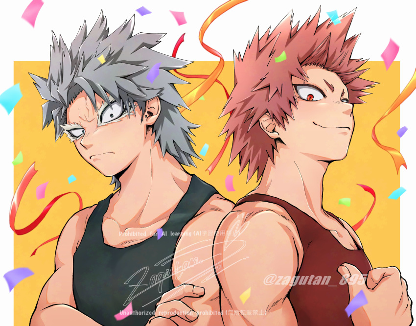 2boys, absurdres, birthday_connection, boku_no_hero_academia, commentary_request, confetti, ear_piercing, grey_hair, grey_tank_top, highres, kirishima_eijiro, light_smile, looking_at_viewer, male_focus, medium_hair, multiple_boys, piercing, red_eyes, red_hair, red_tank_top, short_hair, signature, spiky_hair, streamers, tank_top, tetsutetsu_tetsutetsu, toned, toned_male, tragus_piercing, twitter_username, upper_body, watermark, zagutan_895
