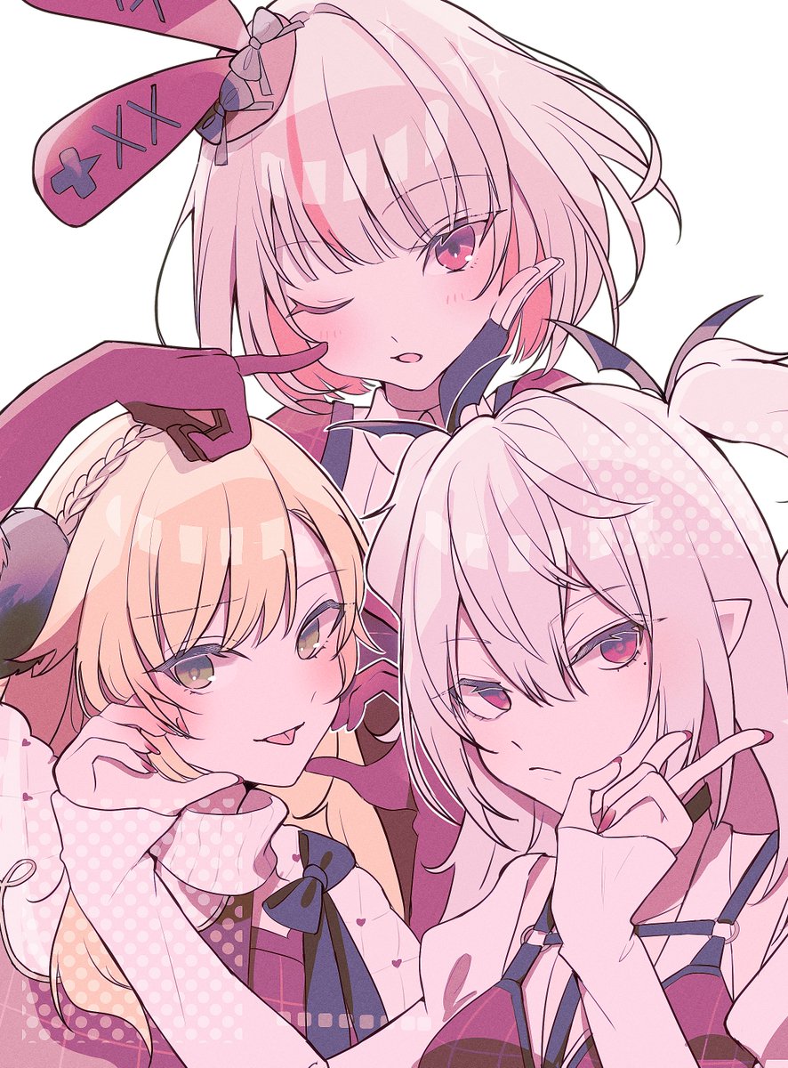 1boy, 2girls, bat_hair_ornament, blonde_hair, braid, brown_hair, colored_inner_hair, crossdressing