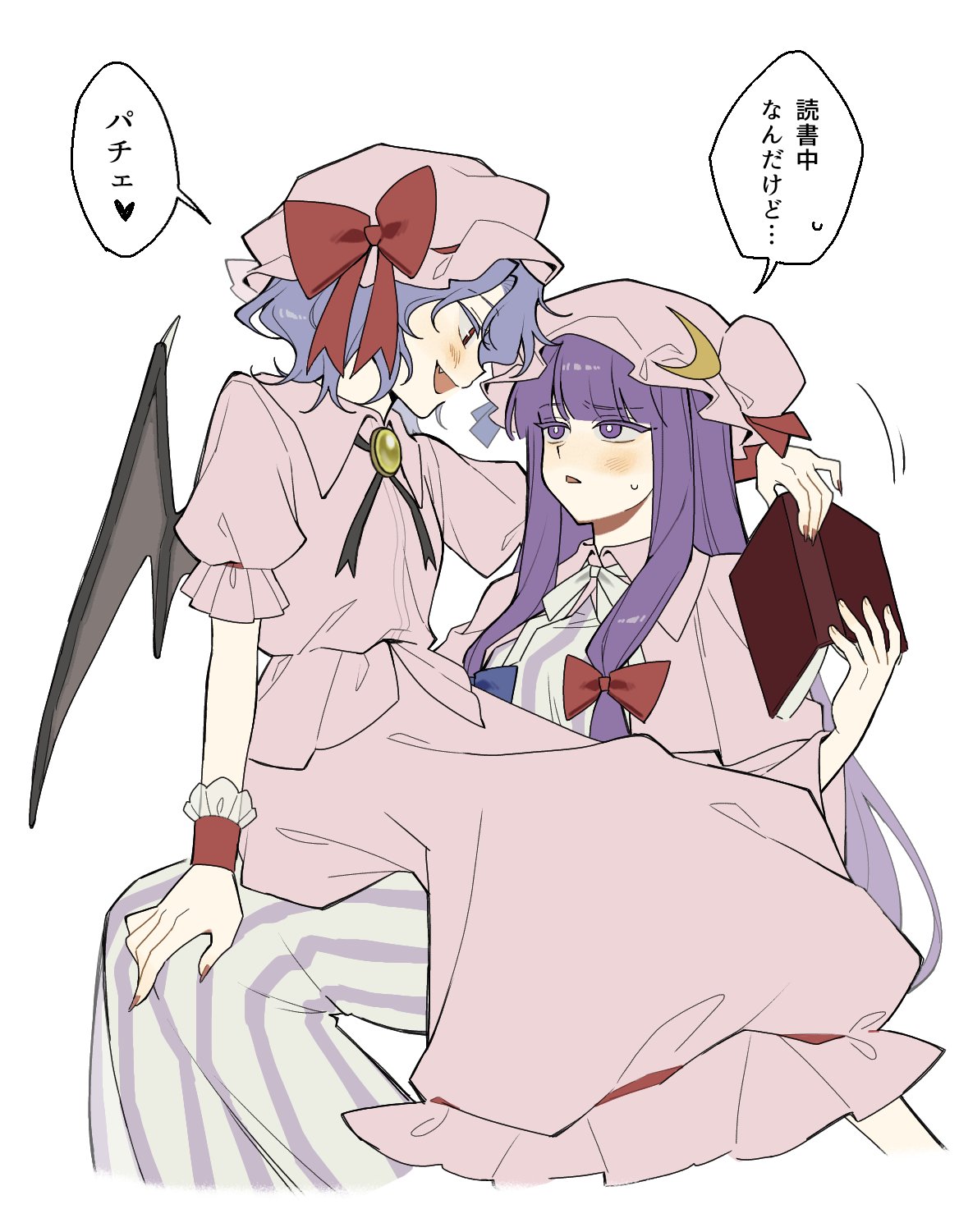 2girls, bat_wings, blue_bow, blue_hair, book, bow, crescent_moon_pin, crescent_pin, cuffs, female_focus, female_only, frilled_cuffs, frilled_dress, frills, girl_on_top, gold_pendant, highres, long_hair, matching_hair/eyes, mismatched_bow, mob_cap, multiple_girls, patchouli_knowledge, pendant, purple_eyes, purple_hair, red_bow, red_eyes, red_fingernails, red_necktie, remilia_scarlet, sakic43899, sharp_fingernails, short_hair, simple_background, sitting, sitting_on_lap, sitting_on_person, spoken_heart, striped_clothes, striped_dress, touhou, white_background, wings, yuri