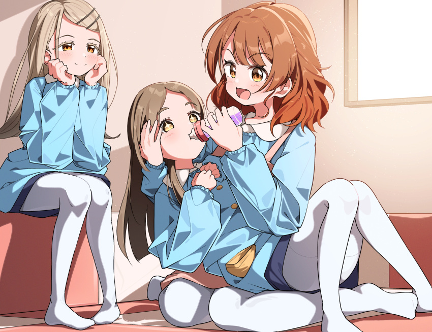+_+, 3girls, :d, absurdres, baby_bottle, blonde_hair, blue_shirt, blue_skirt, bottle, brown_hair, closed_mouth, collared_shirt, colored_eyelashes, commentary_request, feeding, full_body, gakuen_idolmaster, gradient_hair, hair_ornament, hairclip, hanami_ume, highres, holding, holding_bottle, idolmaster, kindergarten_uniform, kuramoto_china, long_hair, long_sleeves, looking_at_viewer, medium_hair, multicolored_hair, multiple_girls, no_shoes, open_mouth, orange_eyes, pantyhose, red_hair, shinosawa_hiro, shirt, sitting, skirt, smile, smock, split_mouth, two-tone_hair, white_pantyhose, yairo_ju