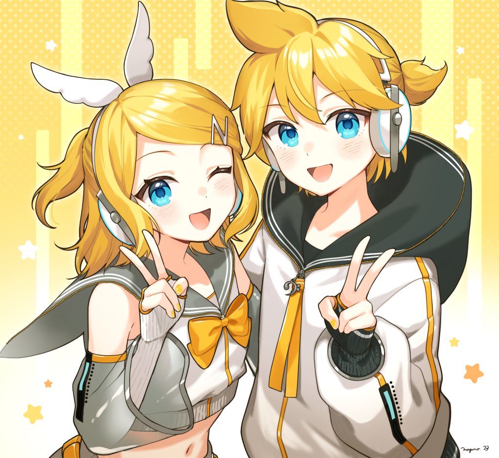 1boy, 1girl, :d, ;d, bare_shoulders, binchou_maguro, blonde_hair, blue_eyes