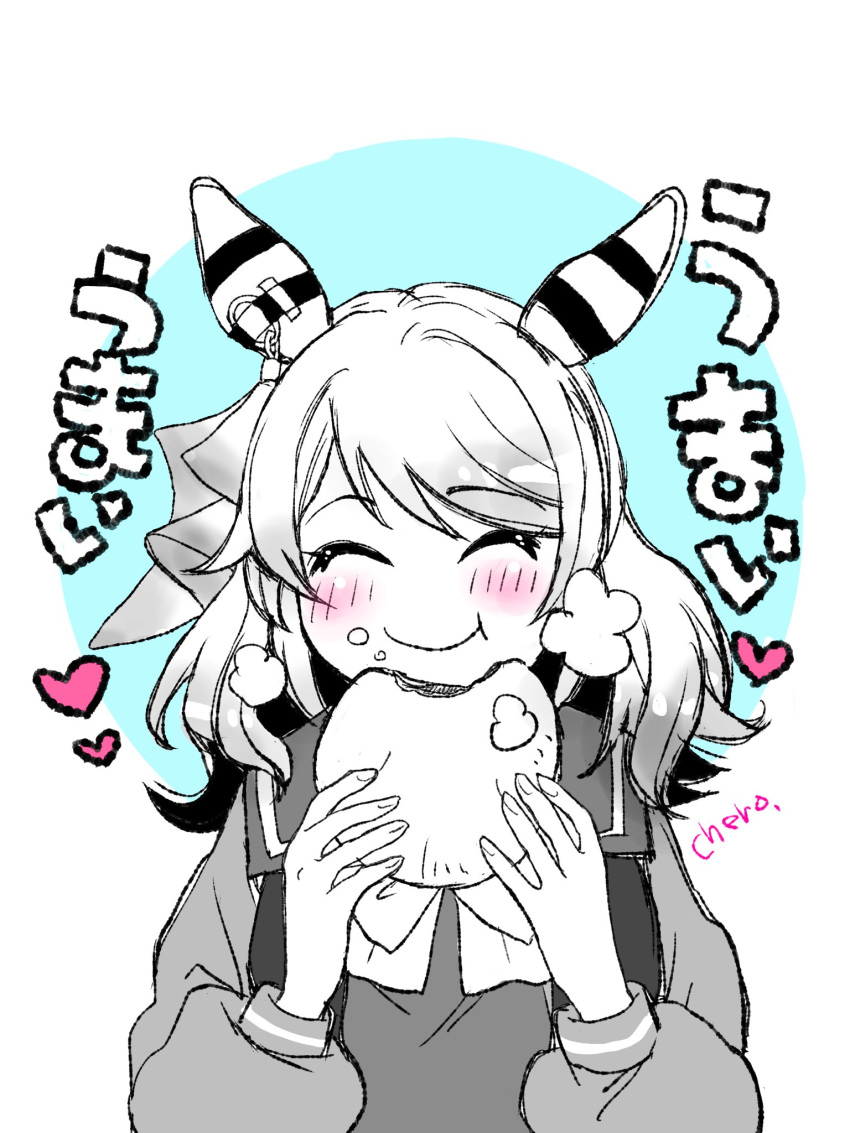 1girl, animal_ears, blush, bow, closed_eyes, closed_mouth, crumbs, ear_covers, eating, food, food_on_face, heart, highres, hishi_miracle_(umamusume), holding, holding_food, horse_ears, horse_girl, long_sleeves, medium_hair, monochrome, negimatukune043, sailor_collar, sailor_shirt, school_uniform, shirt, smile, solo, spot_color, steamed_bun, tracen_school_uniform, umamusume, upper_body
