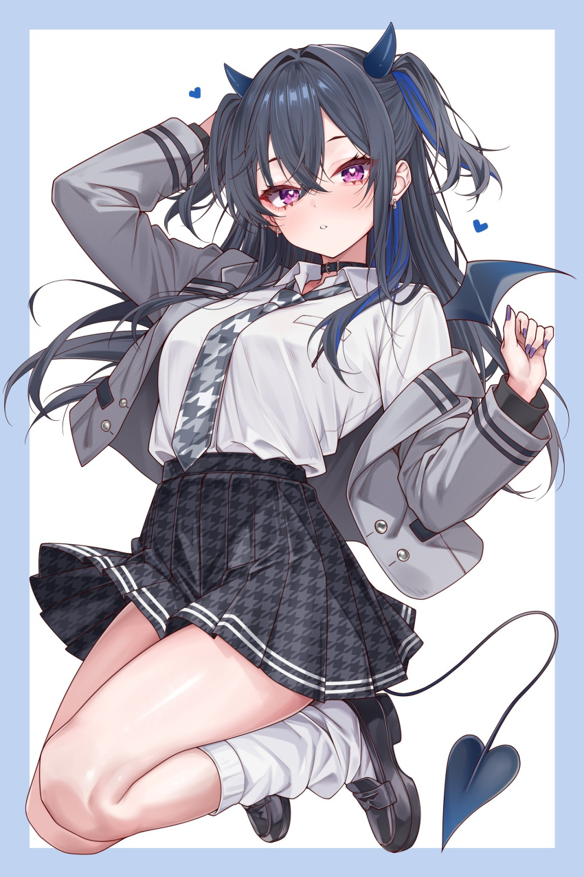 1girl, absurdres, amaki_daisuke, black_choker, black_hair, black_skirt, blazer, blue_border