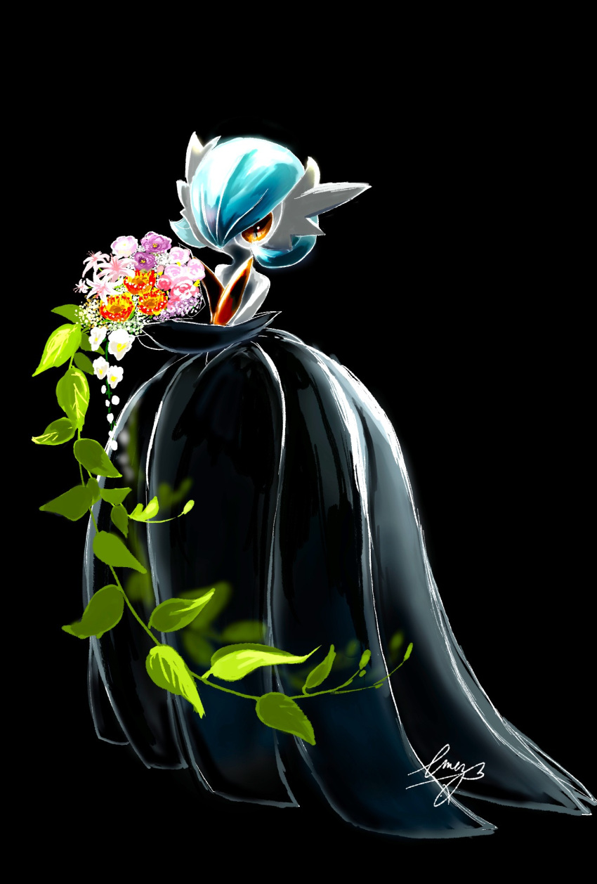 1other, alternate_color, bob_cut, bouquet, colored_skin, dress, eme_ko, flower, gardevoir, gloves, hair_over_one_eye, highres, holding, holding_bouquet, leaf, looking_at_viewer, mega_gardevoir, mega_pokemon, pokemon, pokemon_(creature), pokemon_focus, red_eyes, shiny_pokemon, simple_background, white_skin