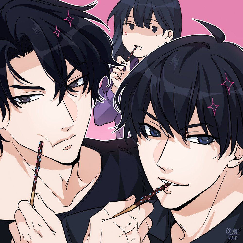 1girl, 2boys, ahoge, black_eyes, black_hair, double-parted_bangs, feeding, food
