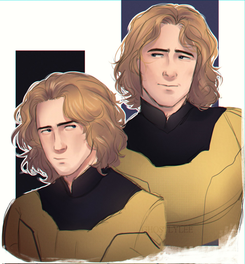 1boy, armor, artist_name, black_background, blonde_hair, blue_eyes, commentary, english_commentary