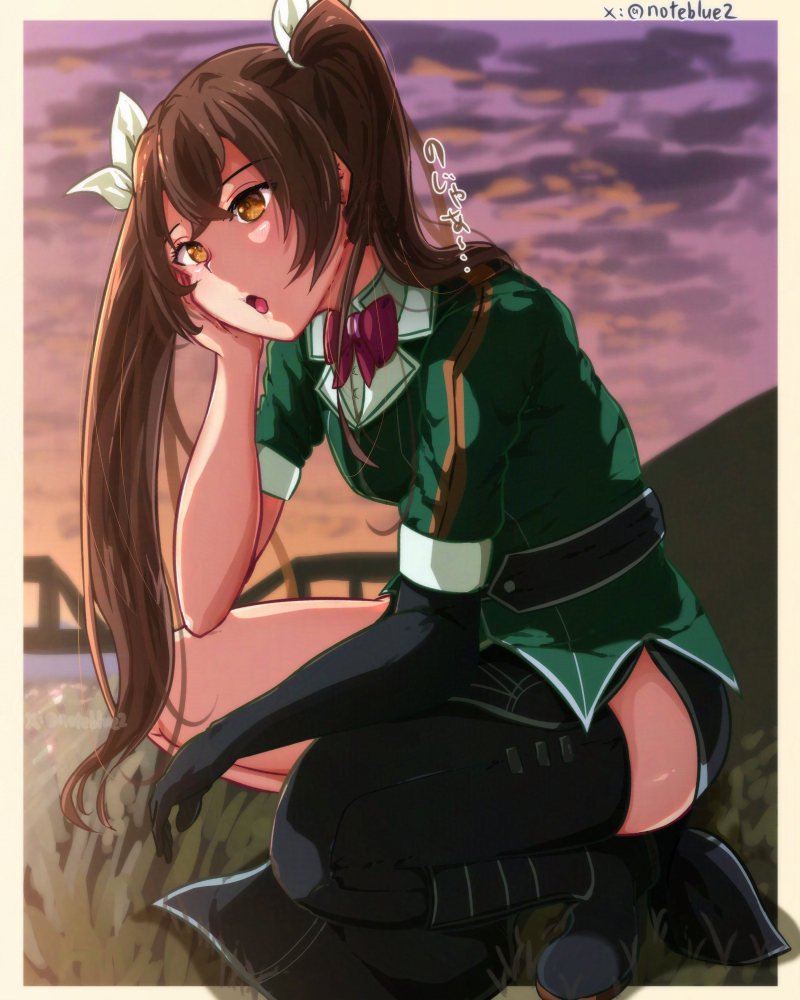 1girl, black_gloves, black_thighhighs, breasts, brown_eyes, brown_hair, elbow_gloves, evening