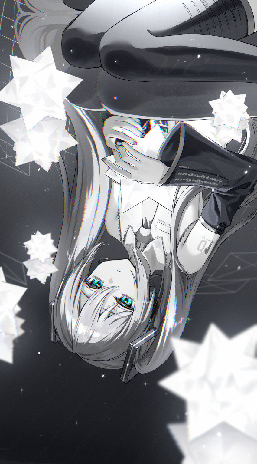 absurdres, black_sleeves, blue_eyes, chromatic_aberration, detached_sleeves, distortion, hatsune_miku, headset, highres, holding, long_hair, looking_down, lustrous_(vocaloid), magical_mirai_(vocaloid), nail_polish, necktie, number_tattoo, reflection, reflection_focus, satori_suzuha, sitting, sky, small_stellated_dodecahedron, spot_color, star_(sky), starry_sky, stellated_octahedron, tattoo, twintails, very_long_hair, vocaloid, wariza