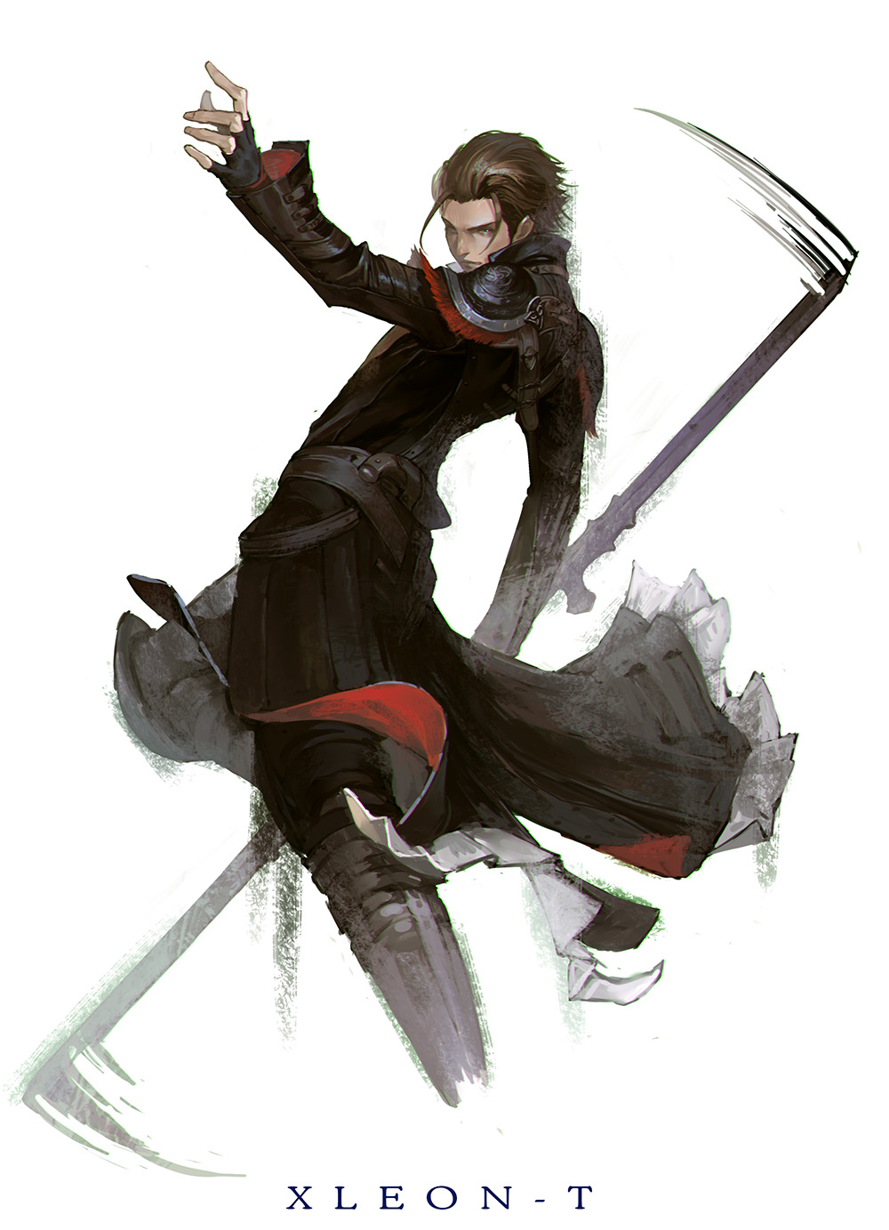 1boy, artist_name, black_gloves, black_jacket, brown_hair, closed_mouth, cropped_legs, final_fantasy, final_fantasy_xiv, from_side, gloves, highres, jacket, looking_ahead, motion_blur, partially_fingerless_gloves, short_hair, simple_background, solo, swinging_weapon, viper_(final_fantasy), warrior_of_light_(ff14), white_background, xleontan