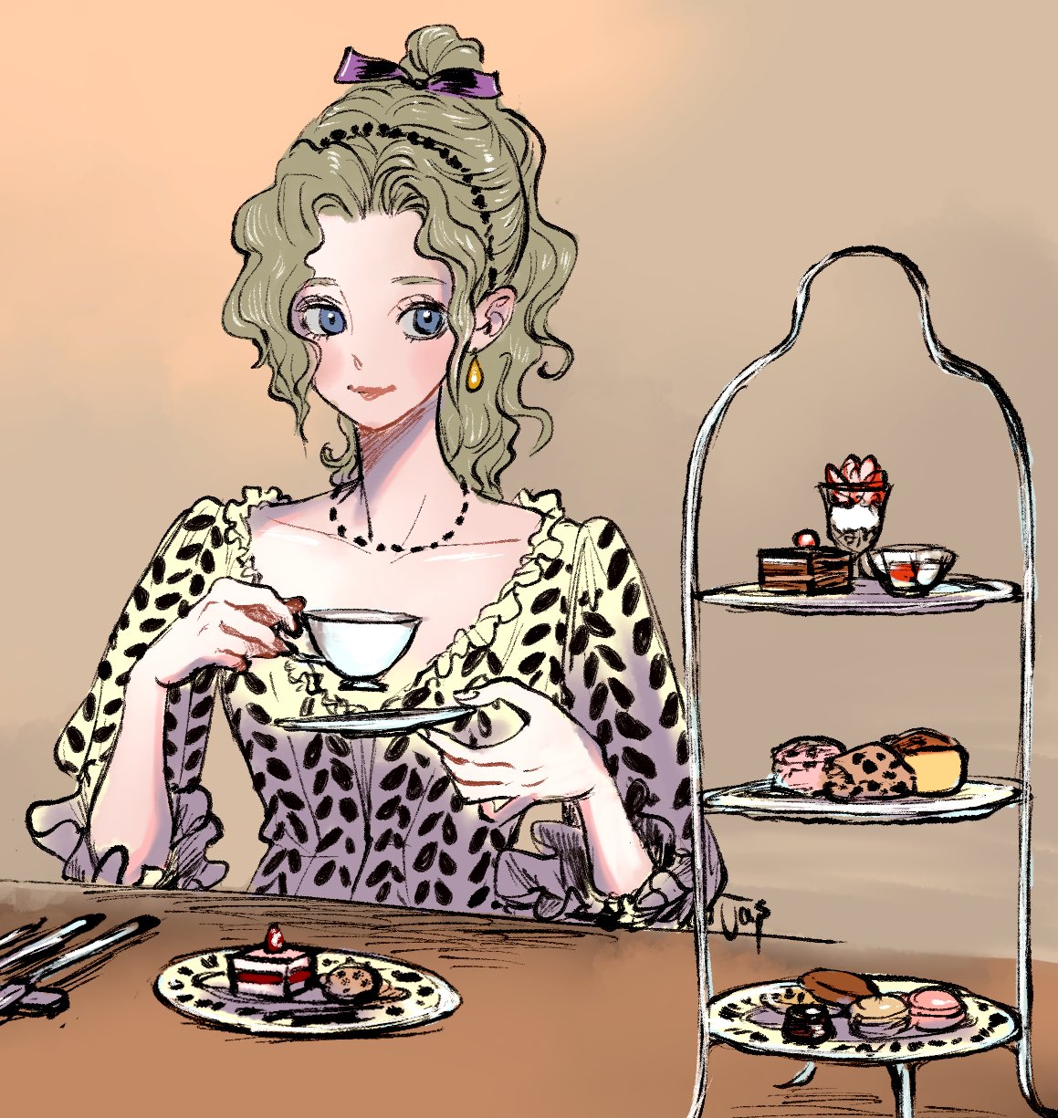 1girl, alternate_costume, blonde_hair, blue_eyes, breasts, cup, dessert, earrings