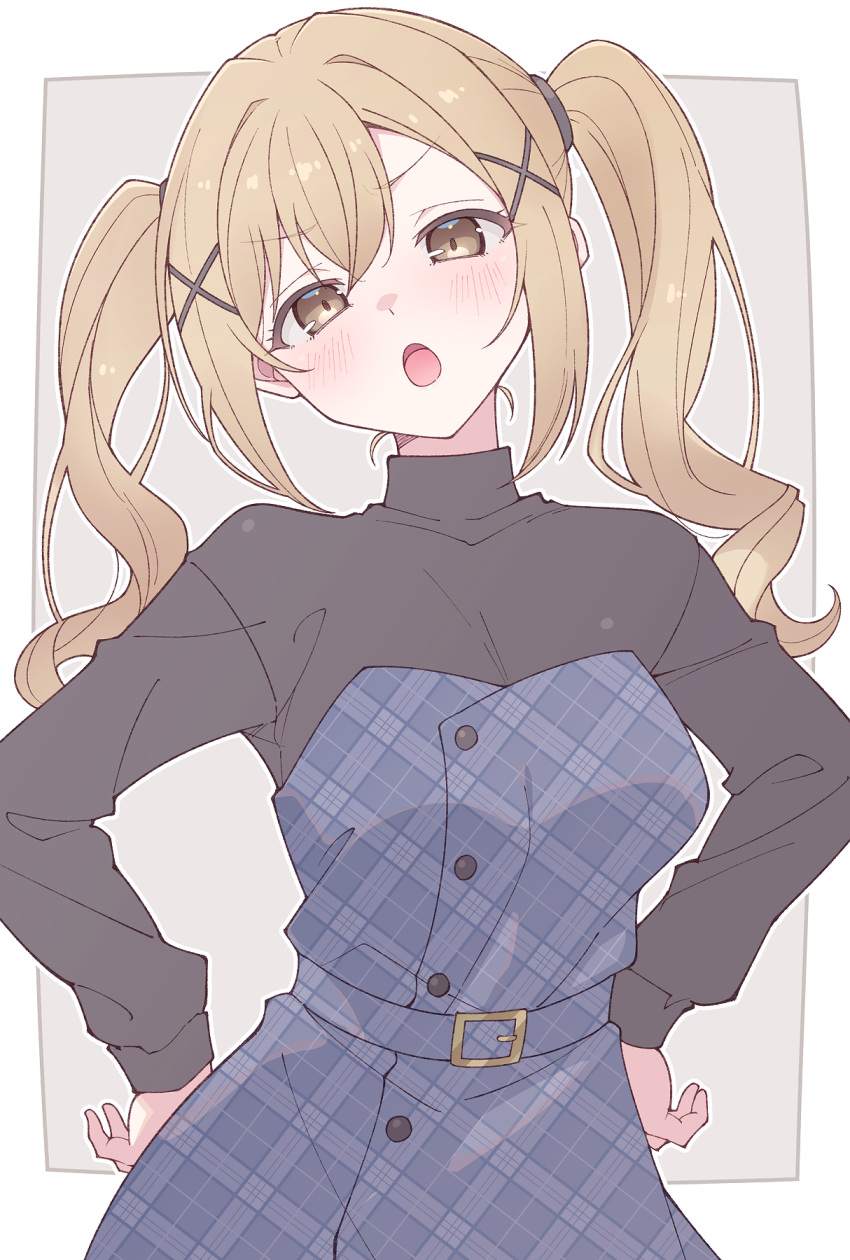 1girl, bang_dream!, belt, black_shirt, blue_belt, blush, border, brown_eyes