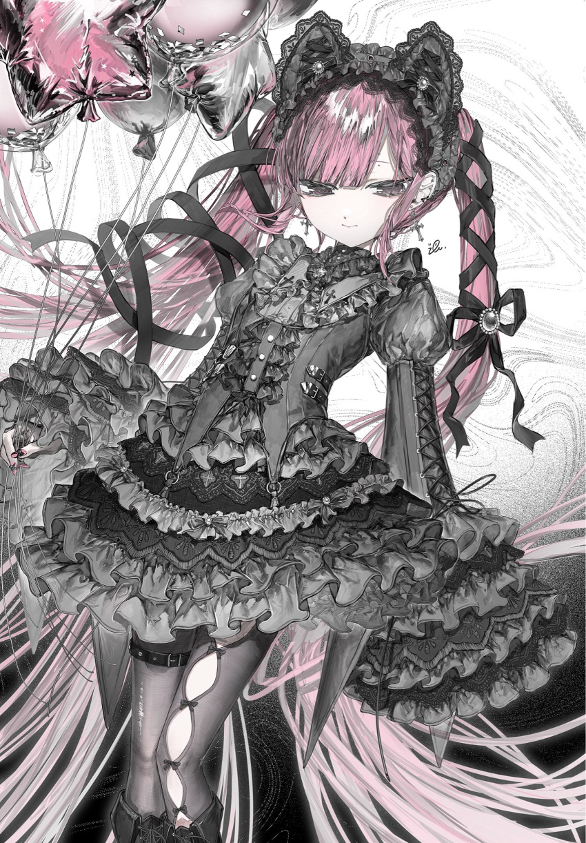 1girl, animal_ear_hairband, animal_ears, asymmetrical_legwear, balloon, bell_sleeves, black_dress, black_hairband