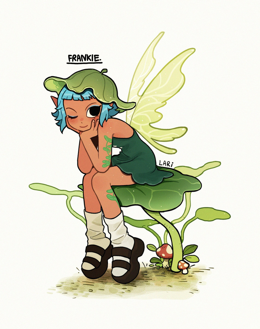 1girl, absurdres, aqua_hair, black_eyes, black_sandals, character_name, commentary, dark-skinned_female