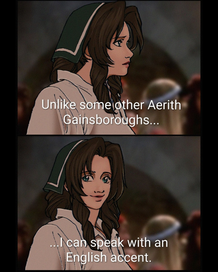 aerith_gainsborough, black_border, blurry, blurry_background, border, braid, braided_ponytail, breasts
