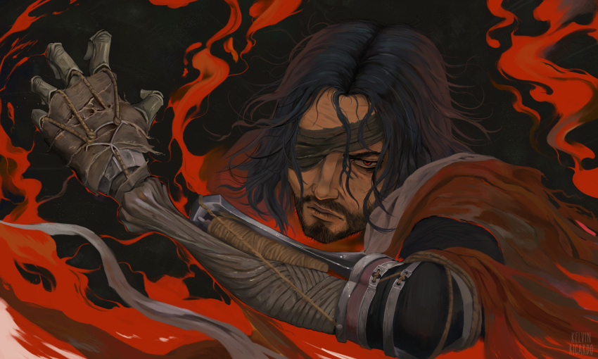 1boy, amputee, bandages, beard_stubble, black_hair, closed_mouth, eyepatch, facial_hair